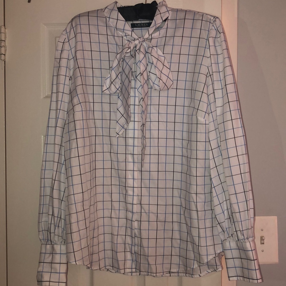 NWT Ralph Lauren BlueWhite Black Bow Blouse